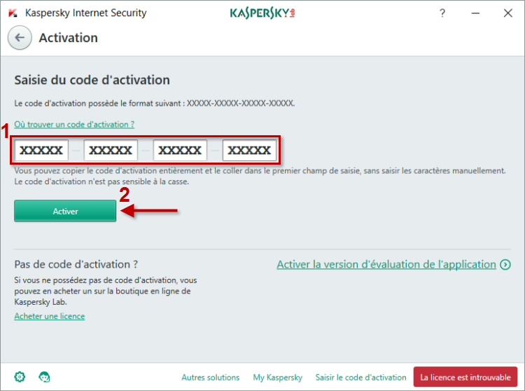 saisir le code de licence kaspersky